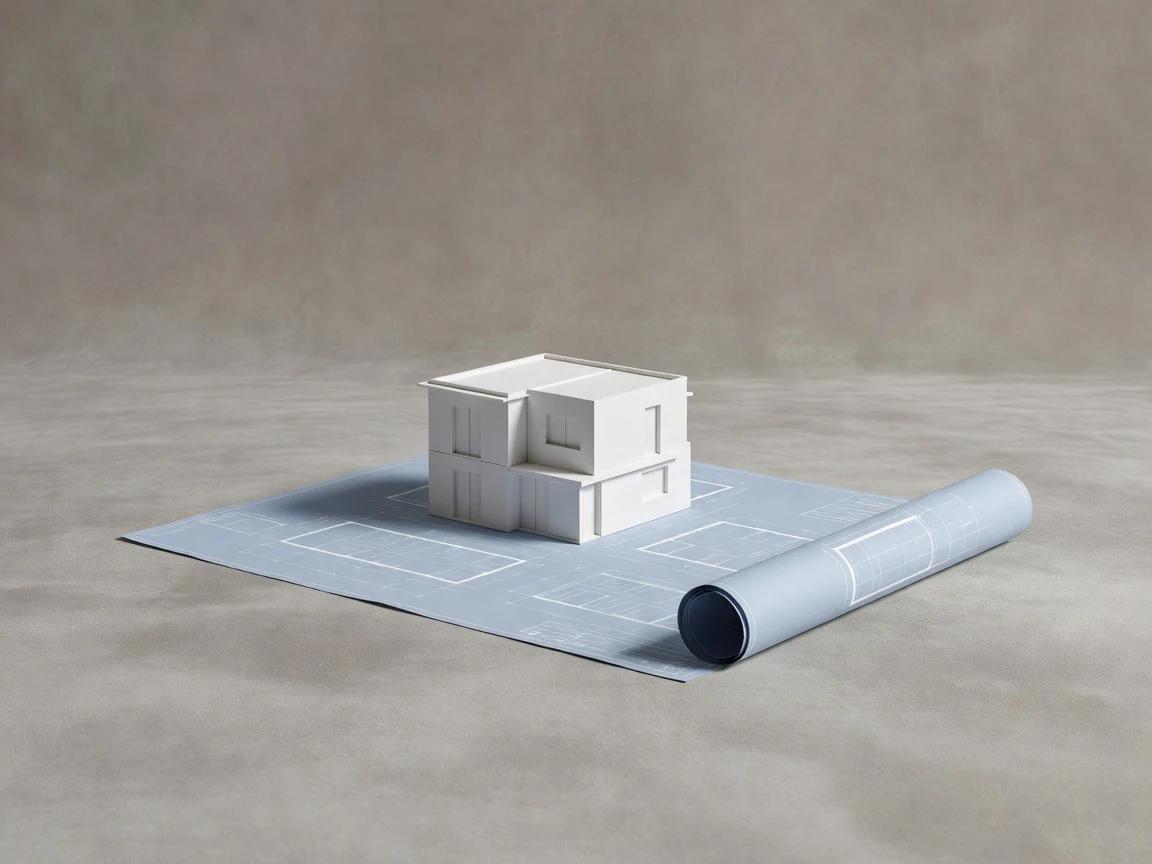 A white scale model of a two-storey house on a blueprint