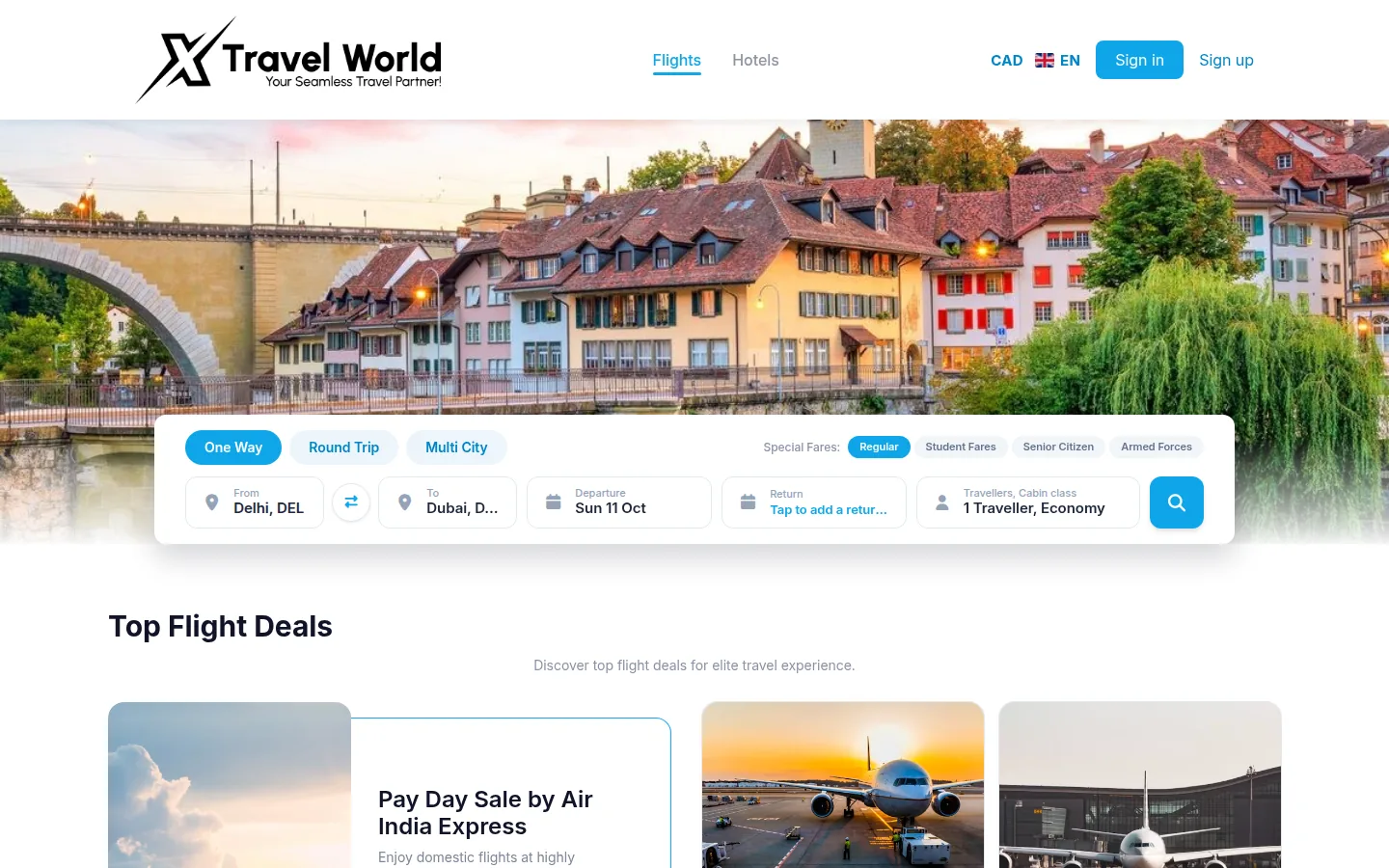 XTravelWorld home page with flight search