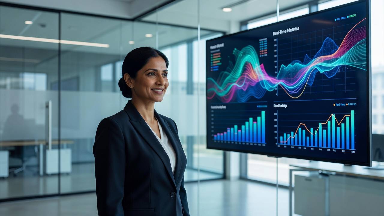 School owner reviewing a live analytics dashboard in the Workaholic Developers school management software